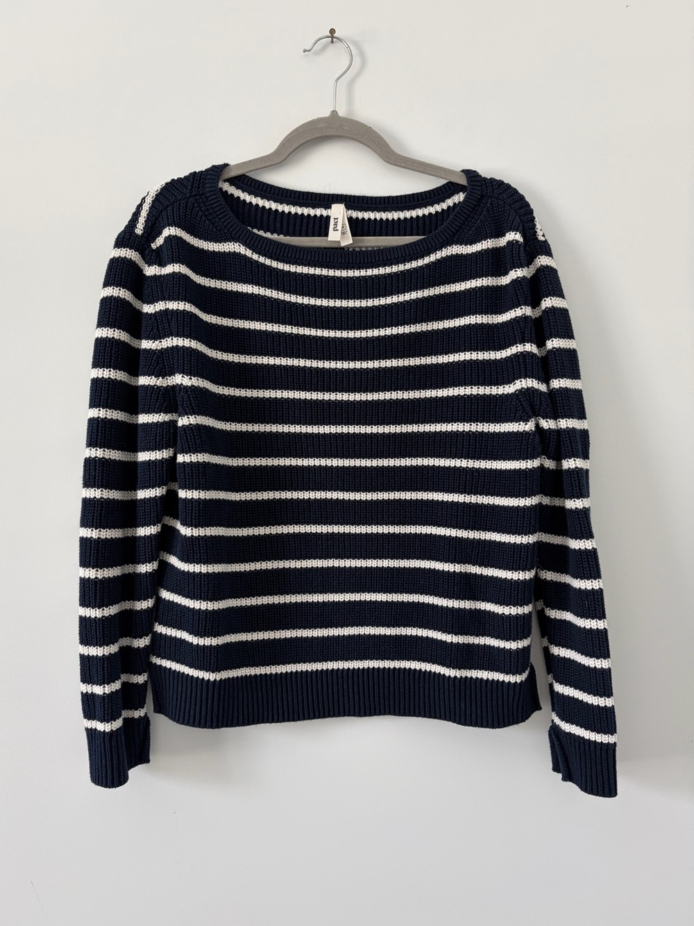 Pact Luxe Organic Cotton Knit Boatneck Navy Blue White Stripe Sweater NWOT M